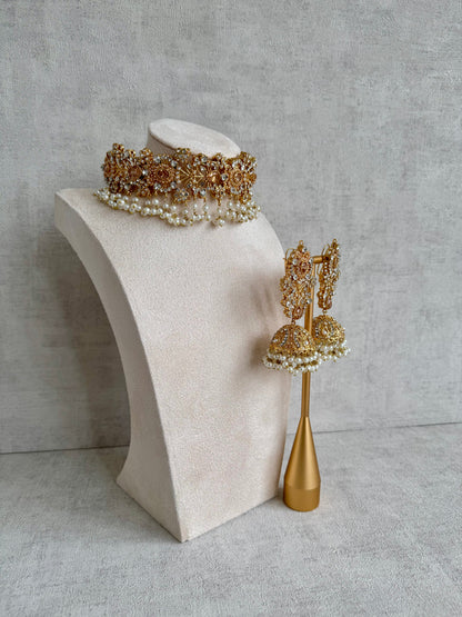 Ayura Designs Afsana Choker Set with Jhumkis – Mirror-Cut Polki, Ivory Pearls & Antique Gold Finish