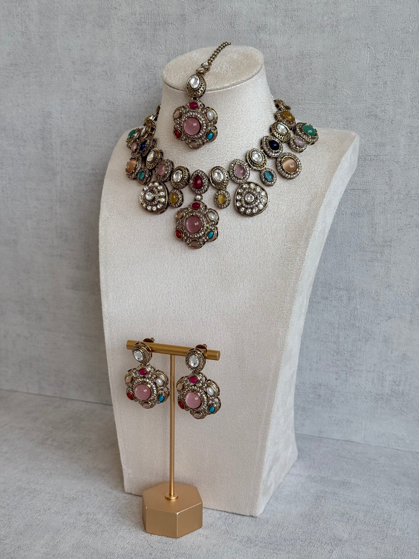 Ayura Designs Elvira Necklace Set with Earrings & Tikka – Multicolour Stone Necklace with Pink Centre Stones & Pearl Detailing