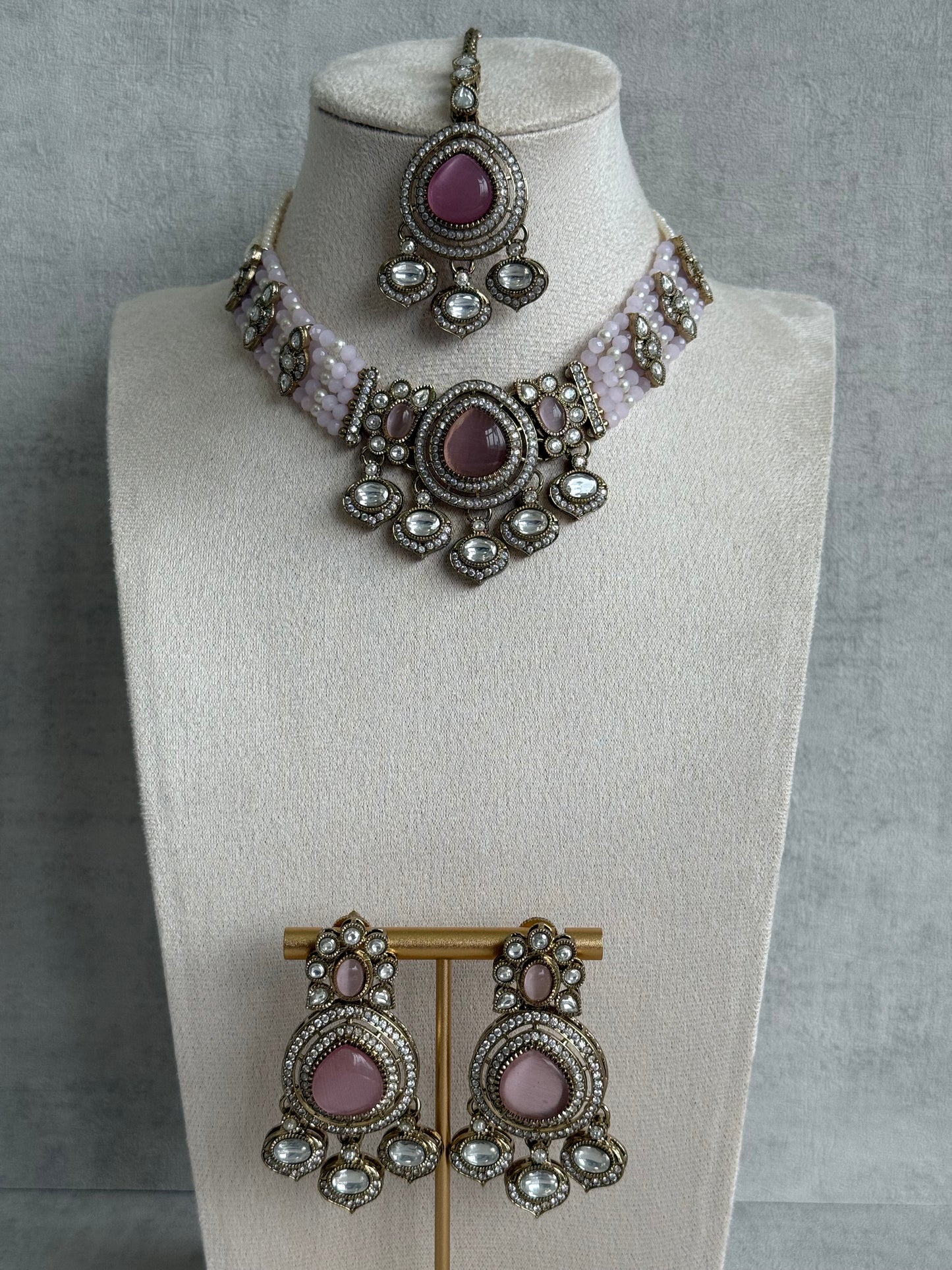 Ayura Designs Rahi Necklace Set with Earrings & Tikka – Blush Pink Stones with Mirror-Cut Detailing & Pearl Strands