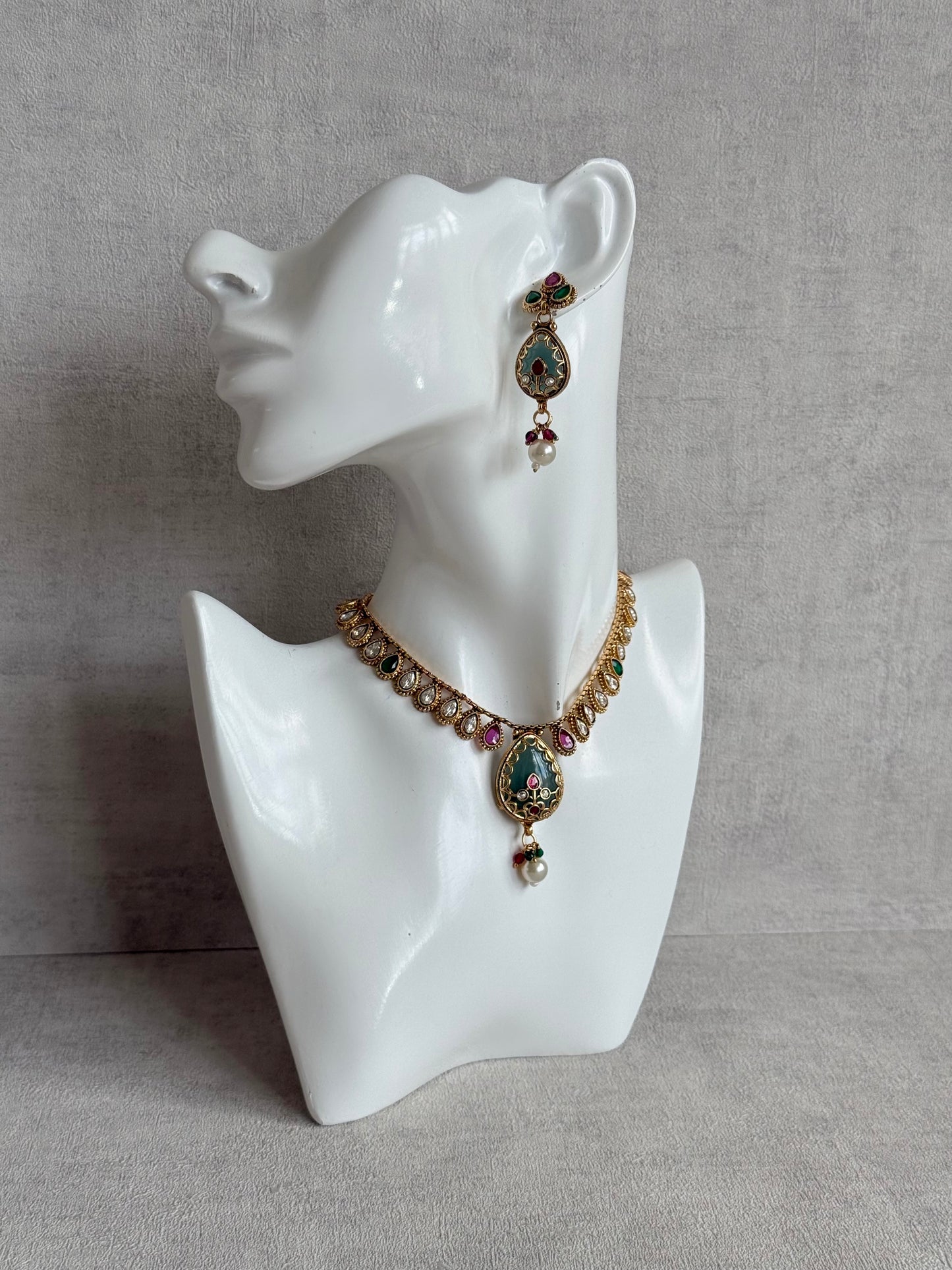 Ayura Designs Lamees Necklace Set with Earrings – Green Enamel, Emerald Green & Ruby Pink Stones with Pearl Drops