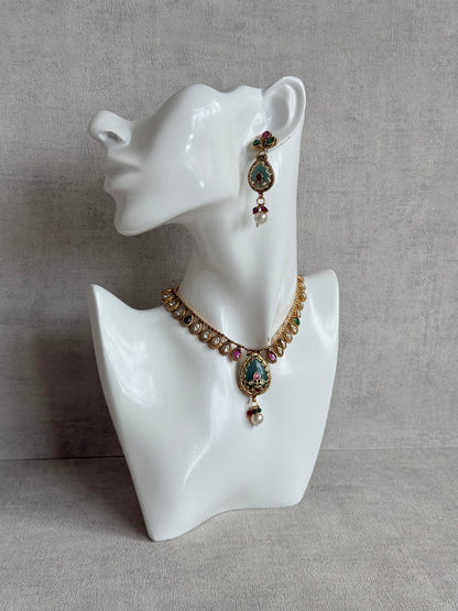 Ayura Designs Lamees Necklace Set with Earrings – Green Enamel, Emerald Green & Ruby Pink Stones with Pearl Drops