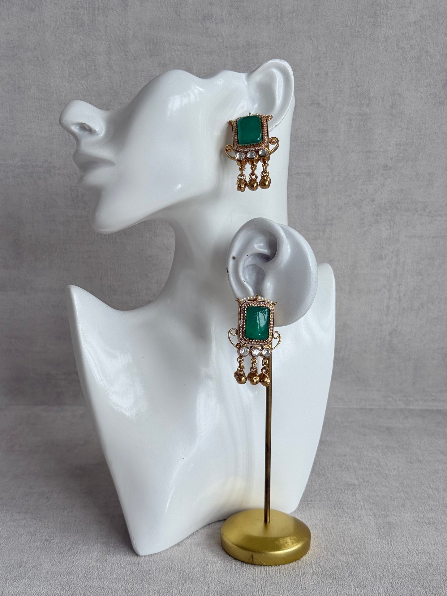 Ayura Designs Aleena Earrings – Emerald Green Stone Stud Earrings with Pearls & Ghungroo Detailing