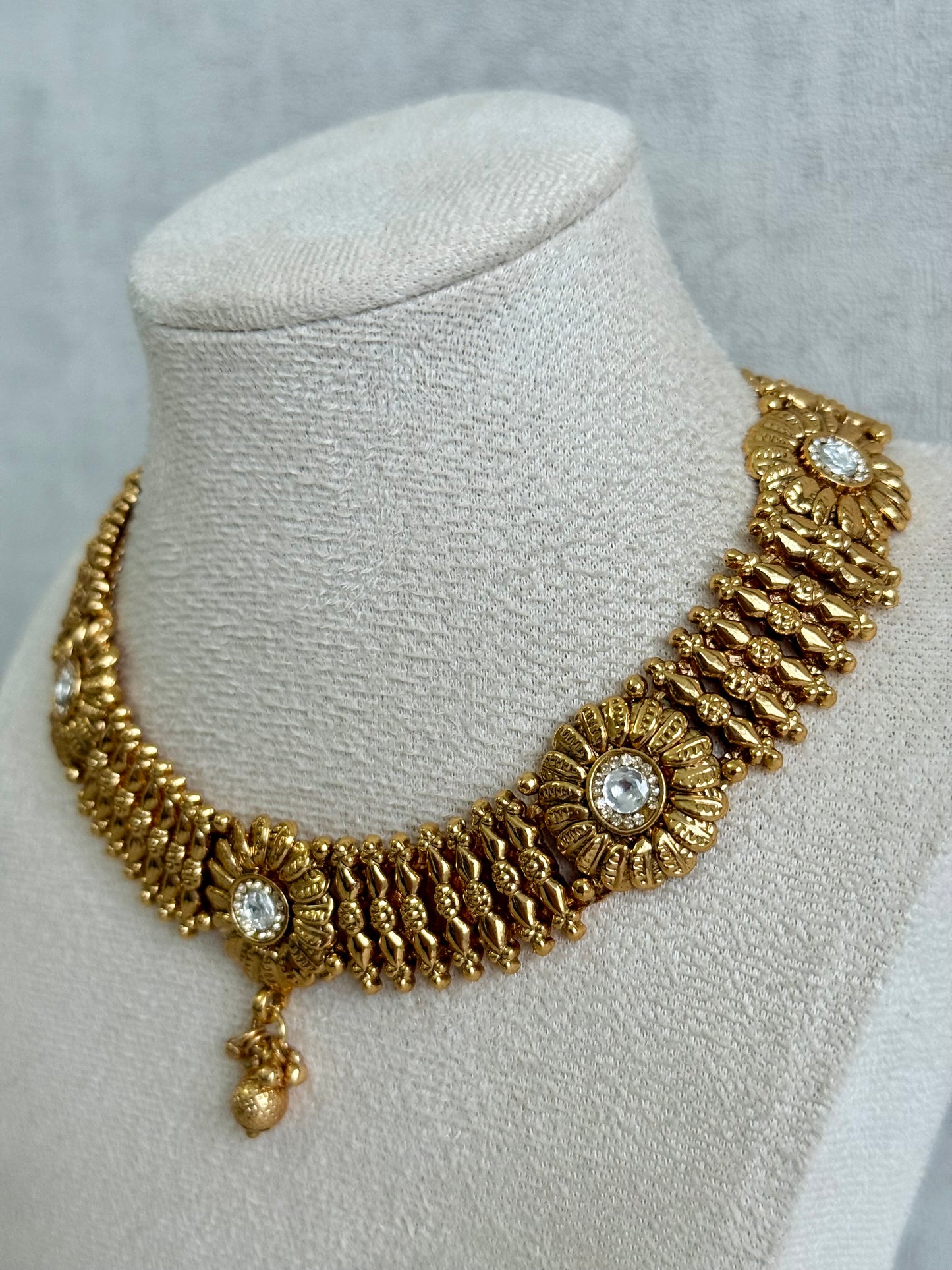 Ayura Designs Arisa Choker Set with Jhumkis – Antique Gold Floral Motifs with Ghungroo Drops