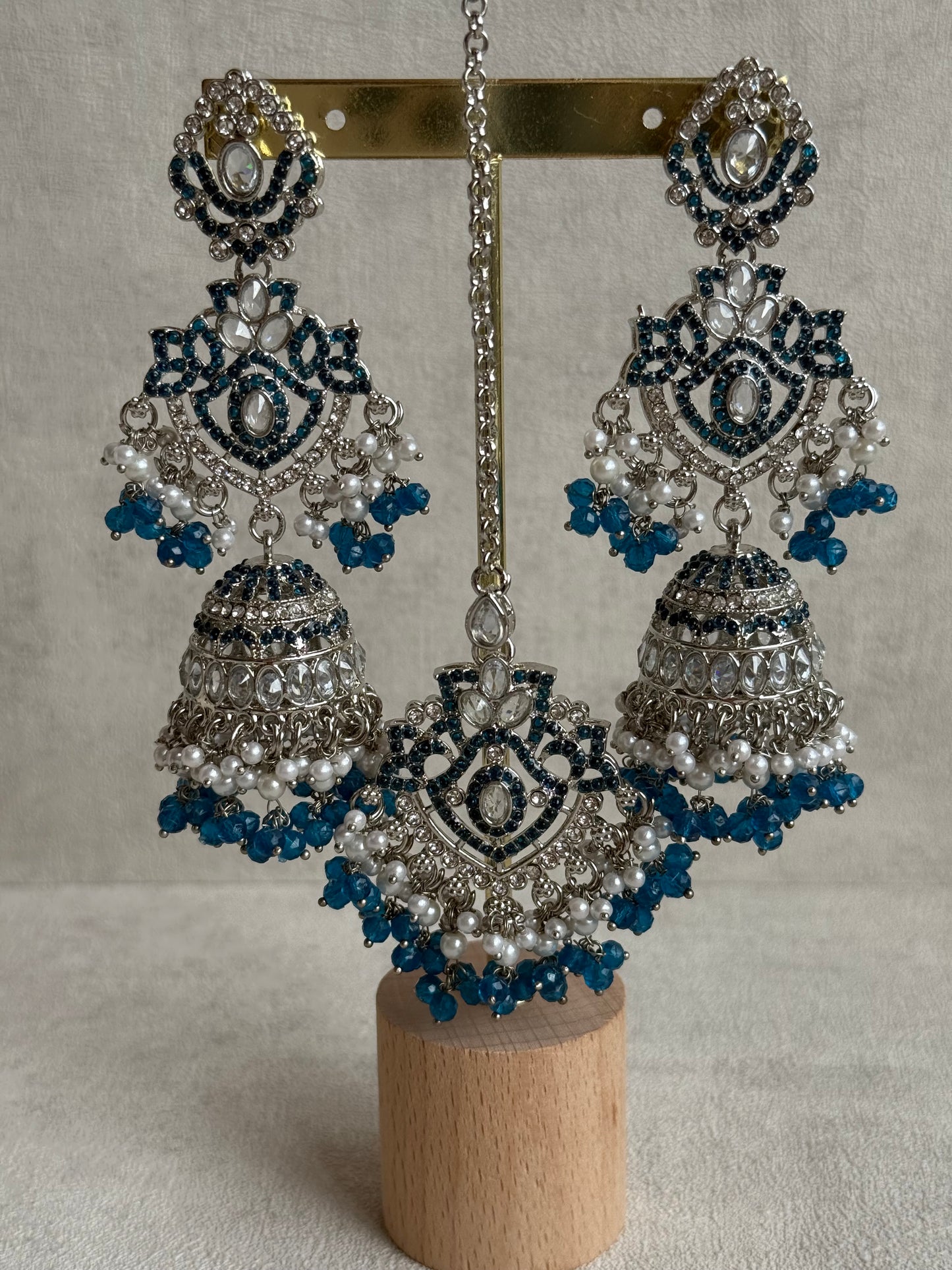 Ayura Designs Wania Set with Jhumkis, Tikka & Passa – Peacock Blue Beads, Mirror-Cut Stones & Antique Silver Finish