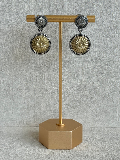 Ayura Designs Surmai Necklace Set with Earrings – Dual Tone Oxidised Necklace with Disc Motifs & Geometric Detailing