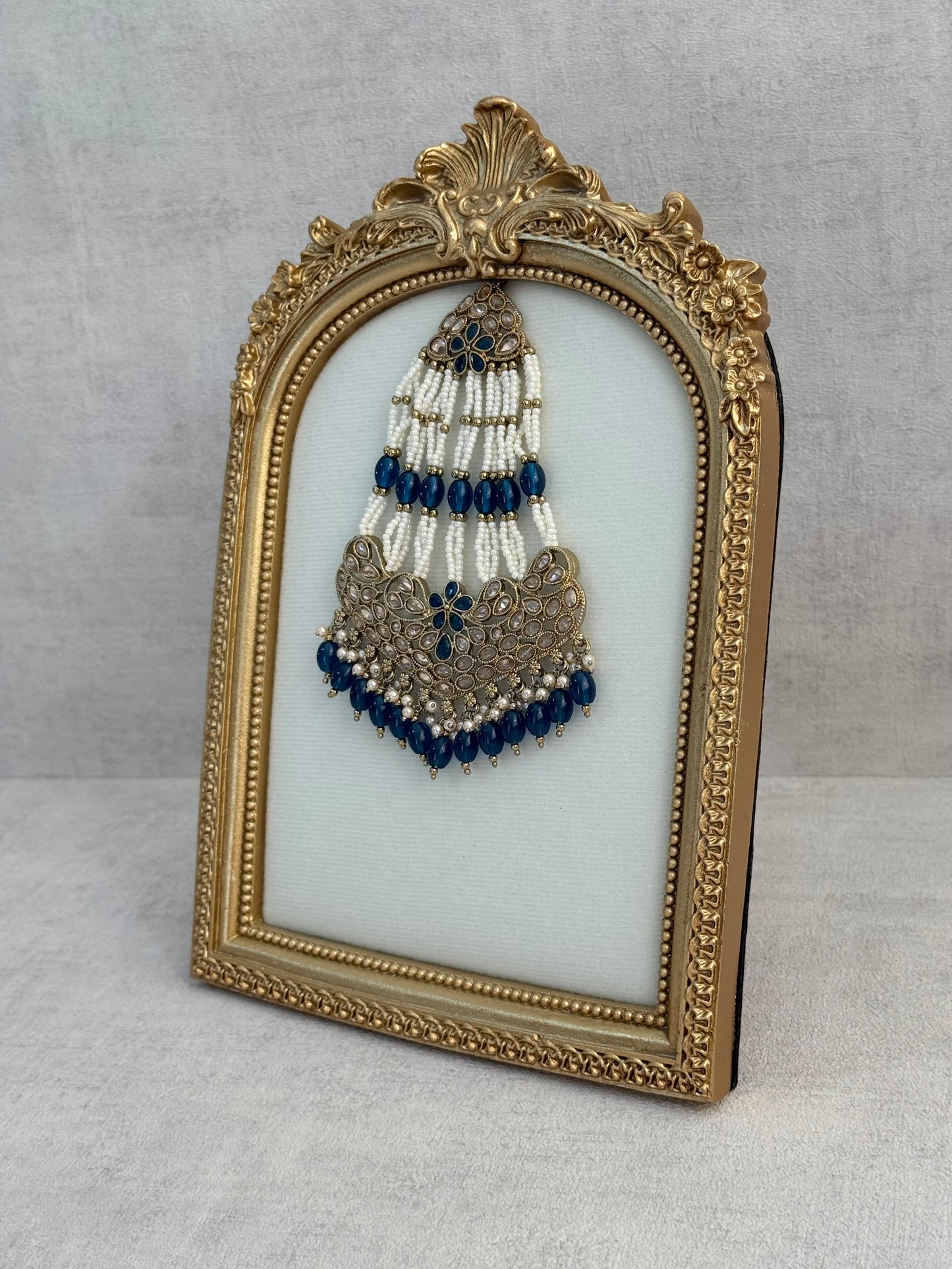 Ayura Designs Raya Jhoomar Passa – Ink Blue Beads with Kundan Detailing & Antique Gold Finish