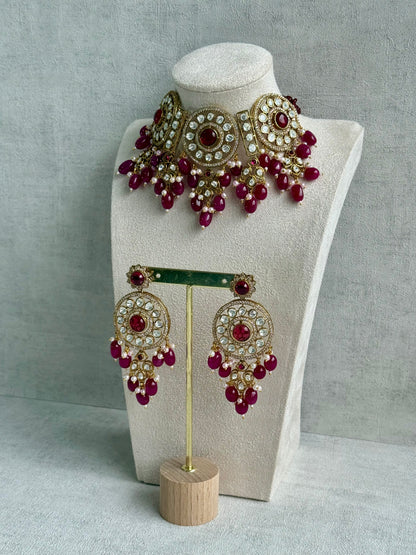 Ayura Designs Harper Set – Antique Gold Choker & Earrings with Deep Berry Pink Beads, Kundan Stones & Pearl Detailing