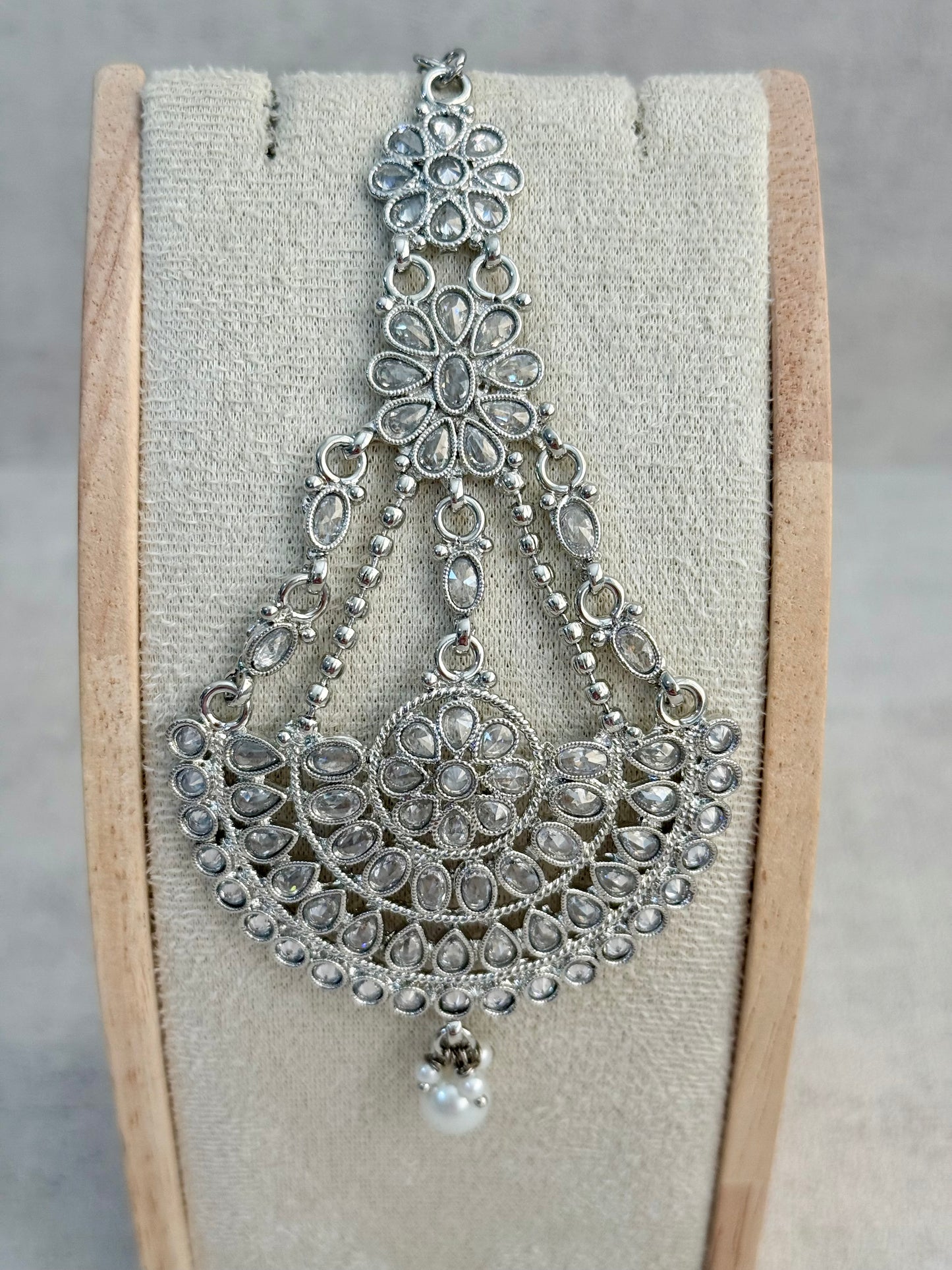 Ayura Designs Zeha Jhoomar Passa – Silver Finish with Mirror Cut Stones & Pearl Drop