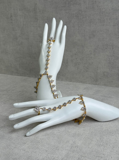 Ayura Designs Aagya Haathphool – Set of 2 Gold & Silver Ring-Bracelet Chains with Floral Diamond-Cut Detailing