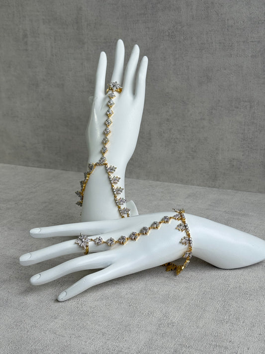 Ayura Designs Aagya Haathphool – Set of 2 Gold & Silver Ring-Bracelet Chains with Floral Diamond-Cut Detailing