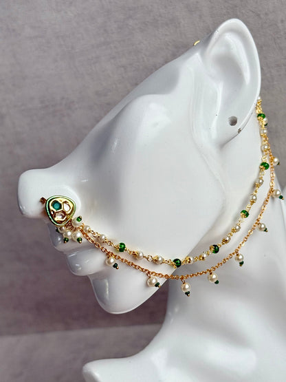 Ayura Designs Fakira Nose Ring – Kundan-Style Detailing with Emerald & Pearl Chain