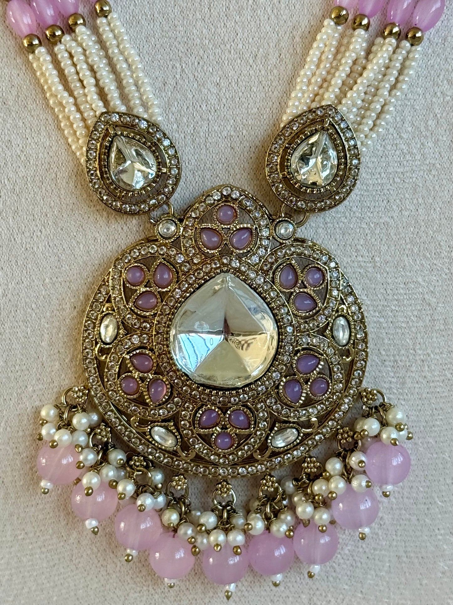 Ayura Designs Brielle Set – Necklace & Jhumkis with Mirror-Cut Stones, Dual-Tone Lilac & Ivory Beads