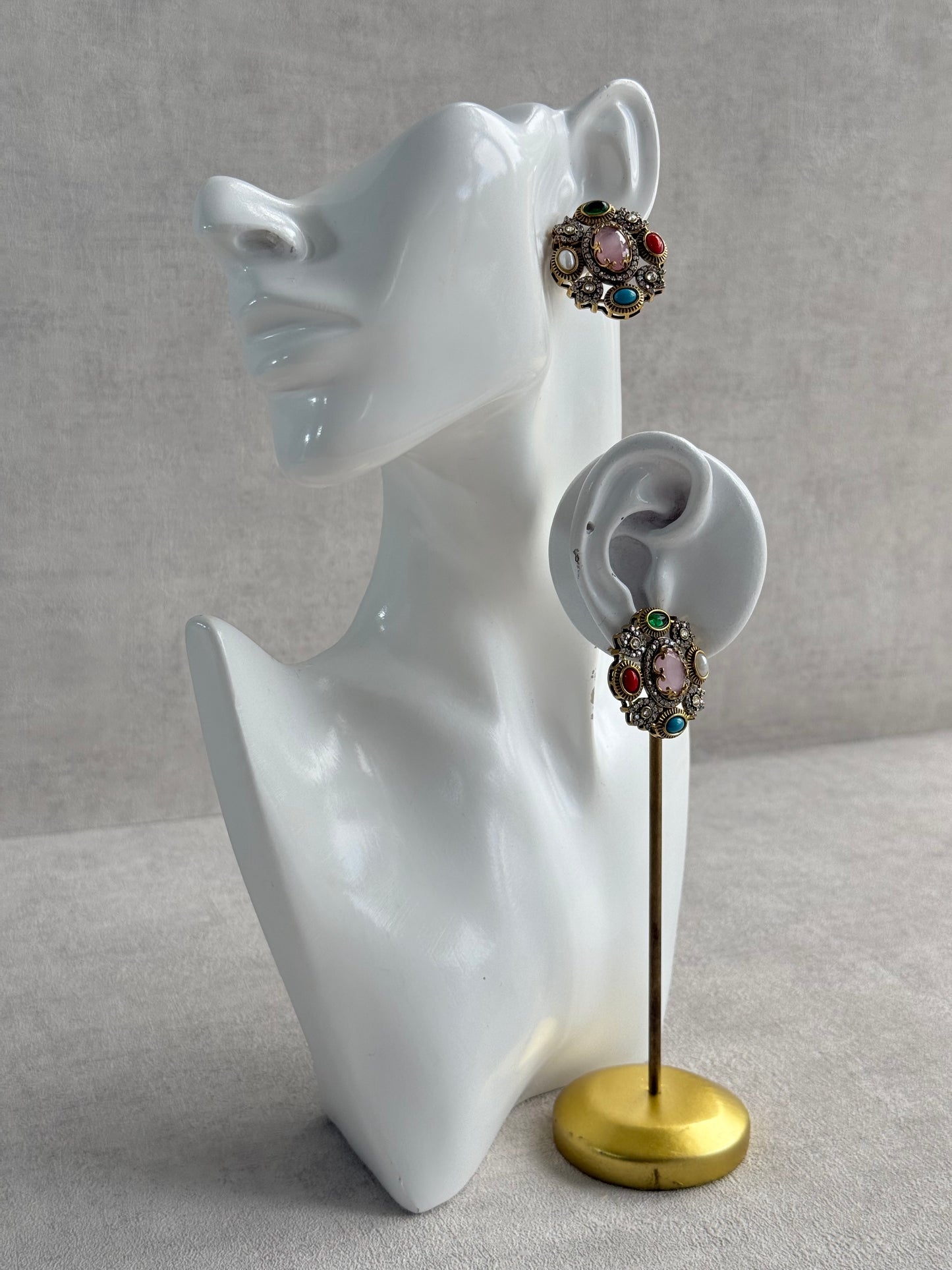 Ayura Designs Celia Stud Earrings – Blush Pink & Multicolour Stones with Gold Finish