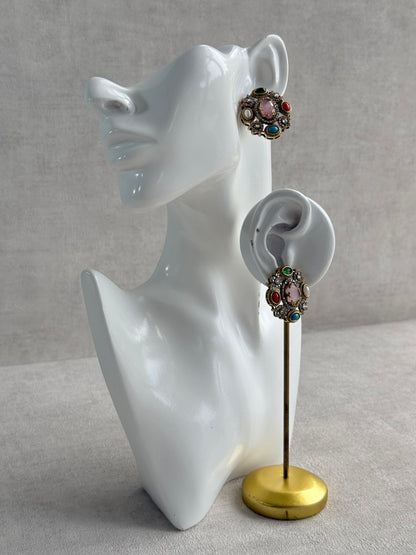 Ayura Designs Celia Stud Earrings – Blush Pink & Multicolour Stones with Gold Finish