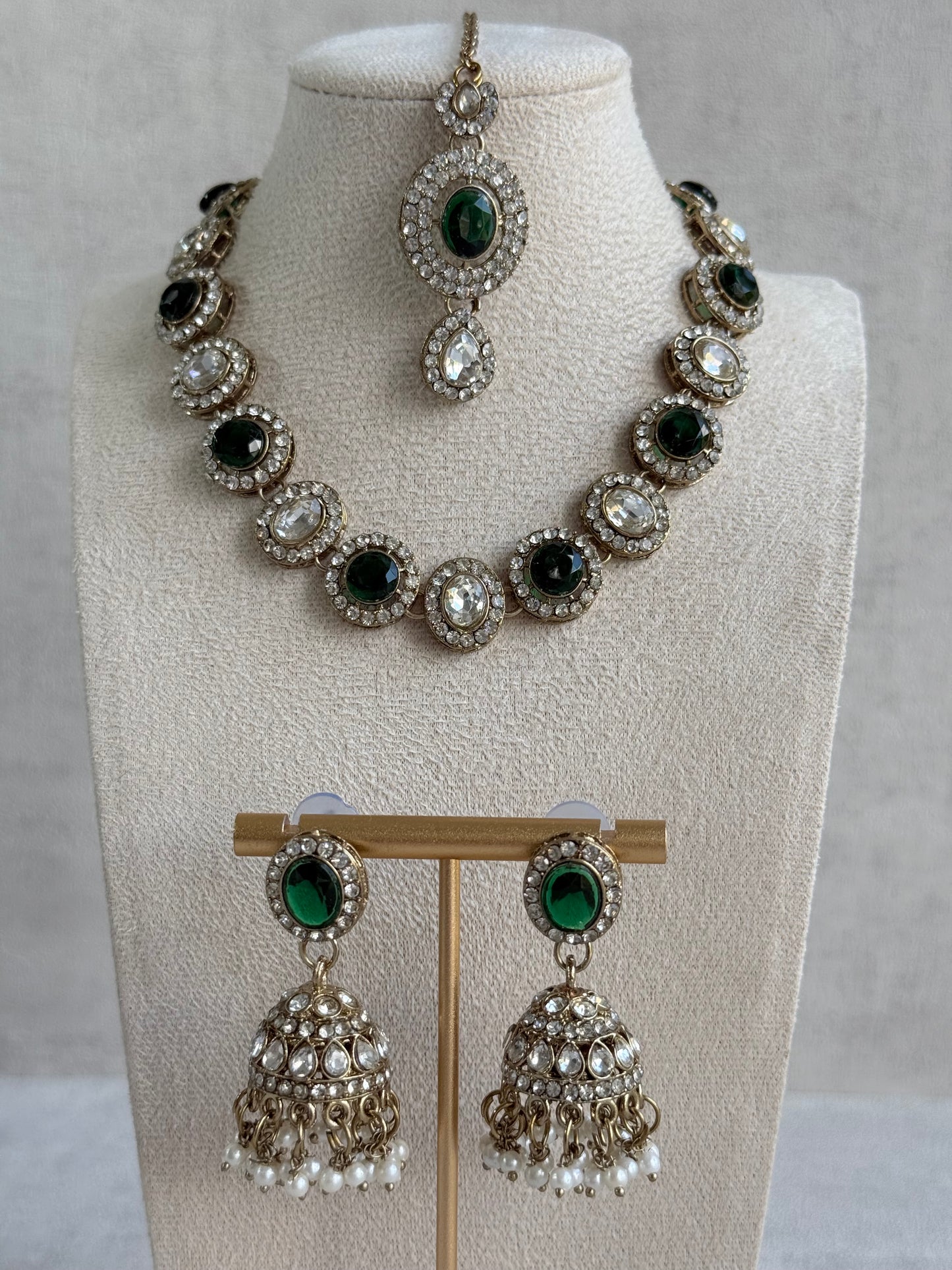 Ayura Designs Eira Necklace Set with Earrings & Tikka – Emerald Green & Crystal Stones with Antique Gold Finish