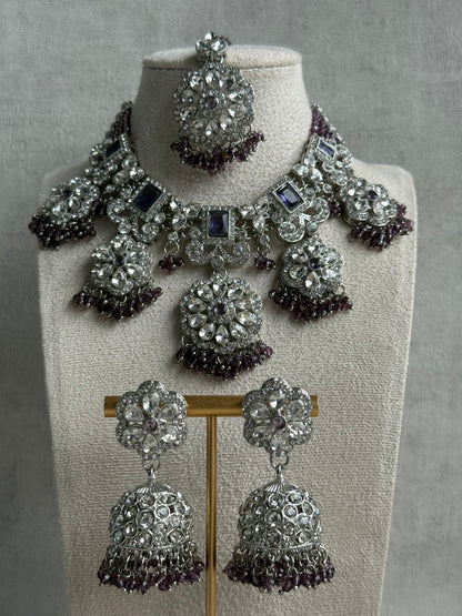 Ayura Designs Zarghuna Set with Jhumkis & Tikka – Mauve Beads, Mirror-Cut Stones & Silver Finish