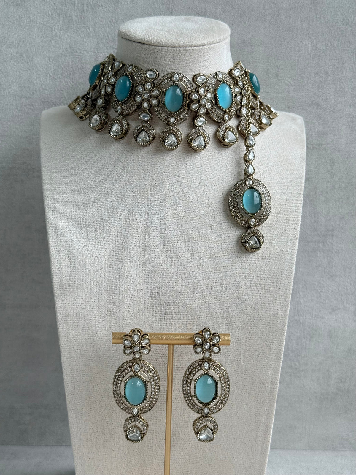 Ayura Designs Emanya Choker Set – Choker, Earrings & Tikka with Mirror-Cut Stones, Turquoise Blue & Antique Gold Detailing
