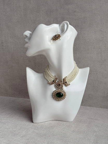 Ayura Designs Amaya Necklace Set with Studs – Antique Finish in Emerald Green Stones with Pearl Strands