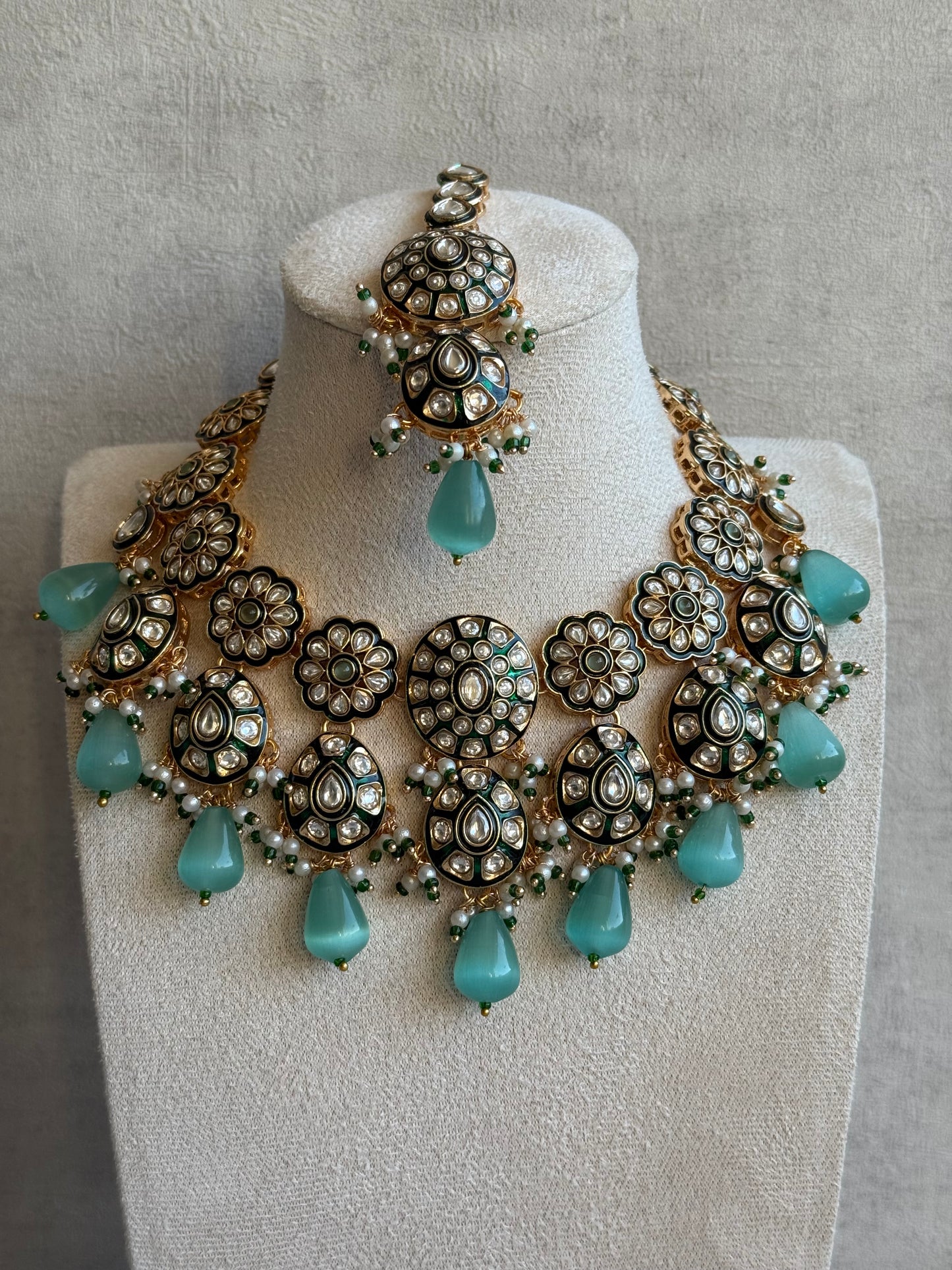 Ayura Designs Sumaira Set – Necklace, Earrings & Tikka with Kundan, Green Meenakari Detailing & Aqua Drops