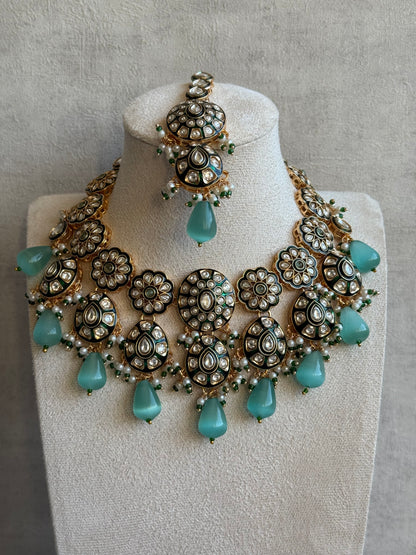 Ayura Designs Sumaira Set – Necklace, Earrings & Tikka with Kundan, Green Meenakari Detailing & Aqua Drops