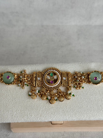 Ayura Designs Pravya Bracelet – Gold Bracelet with Mint, Pink & Green Stones & Ghungroo Detailing