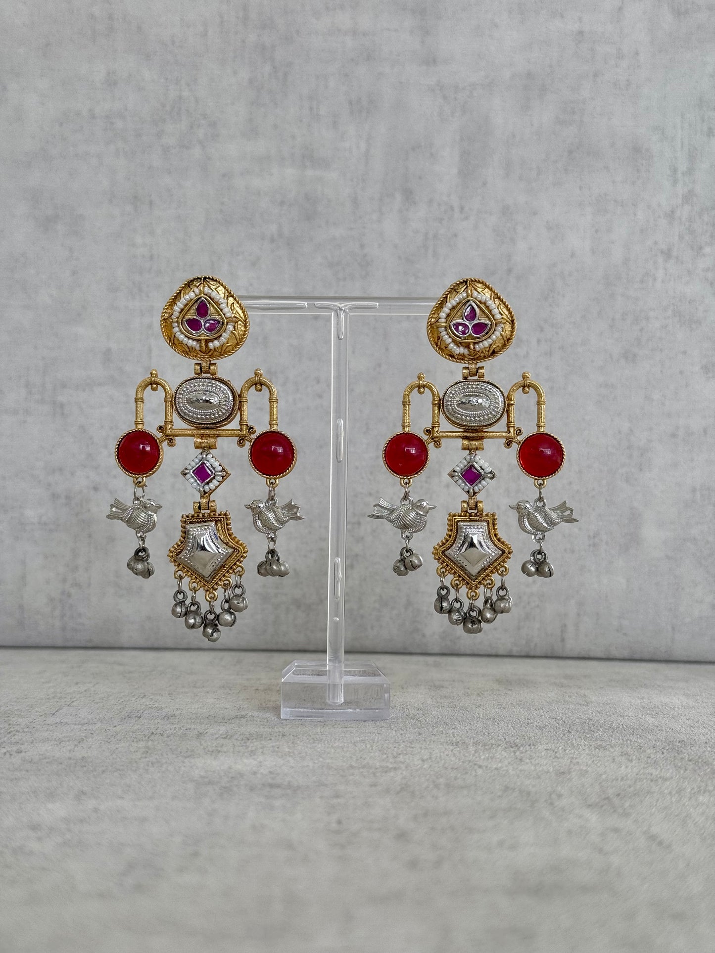 Ayura Designs Amzie Earrings - Exquisitely Handcrafted in Brass with Silver Accents, Ruby Embellishments, and Delicate Bird Motif Charms