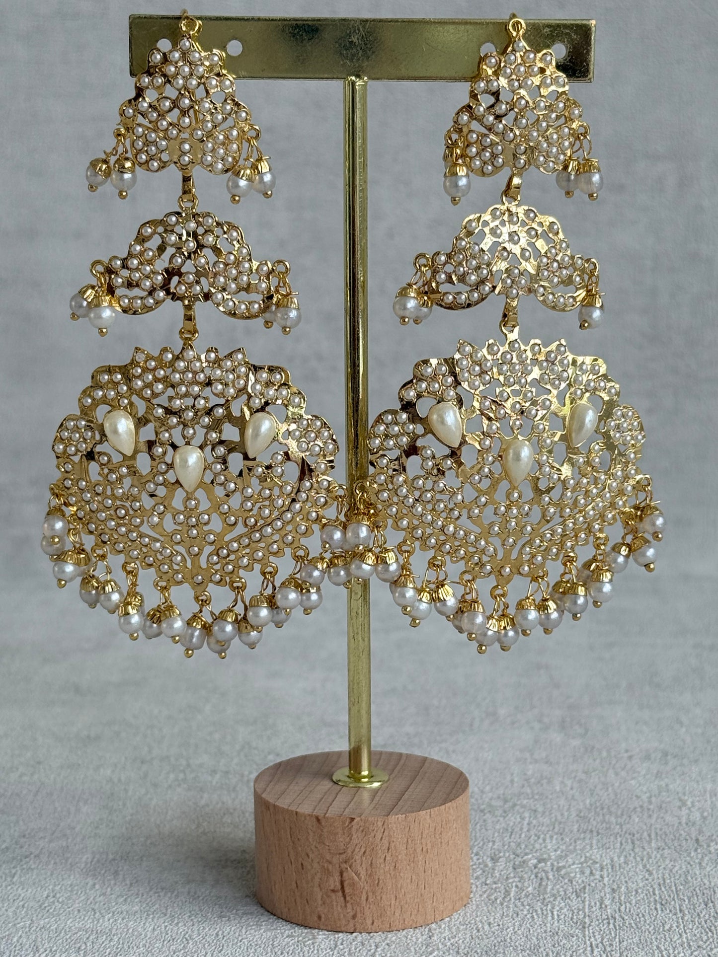 Ayura Designs Zarrar Earrings – Gold Jadau Filigree Statement Earrings with Pearl Drops