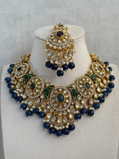Ayura Designs Zara Set with Necklace, Earrings, Tikka & Passa – Antique Gold with Kundan Detailing & Ink Blue Stones & Beads