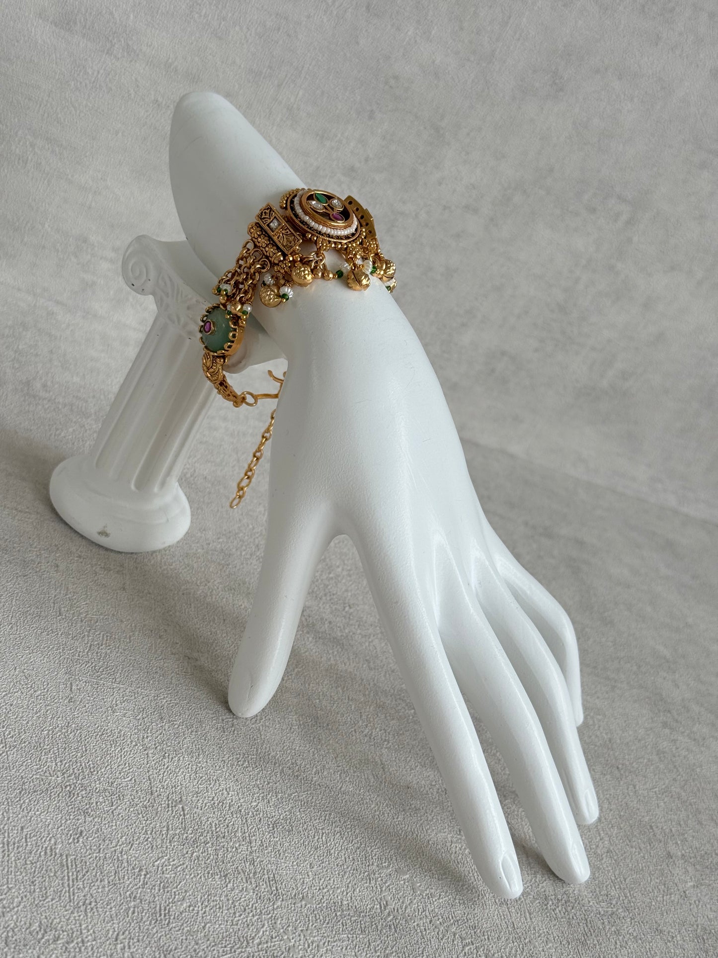 Ayura Designs Pravya Bracelet – Gold Bracelet with Mint, Pink & Green Stones & Ghungroo Detailing
