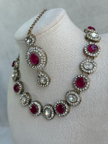 Ayura Designs Eira Necklace Set with Earrings & Tikka – Rani Pink & Crystal Stones with Antique Gold Finish