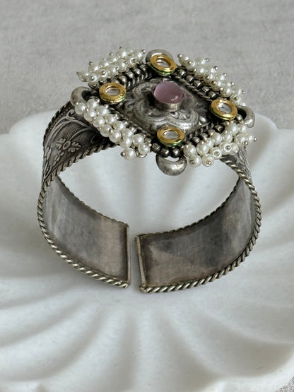 Ayura Designs Suhani Adjustable Kashmiri Cuff Bracelet – Pearl Floral Motif with Pink Stone & Kundan Detailing