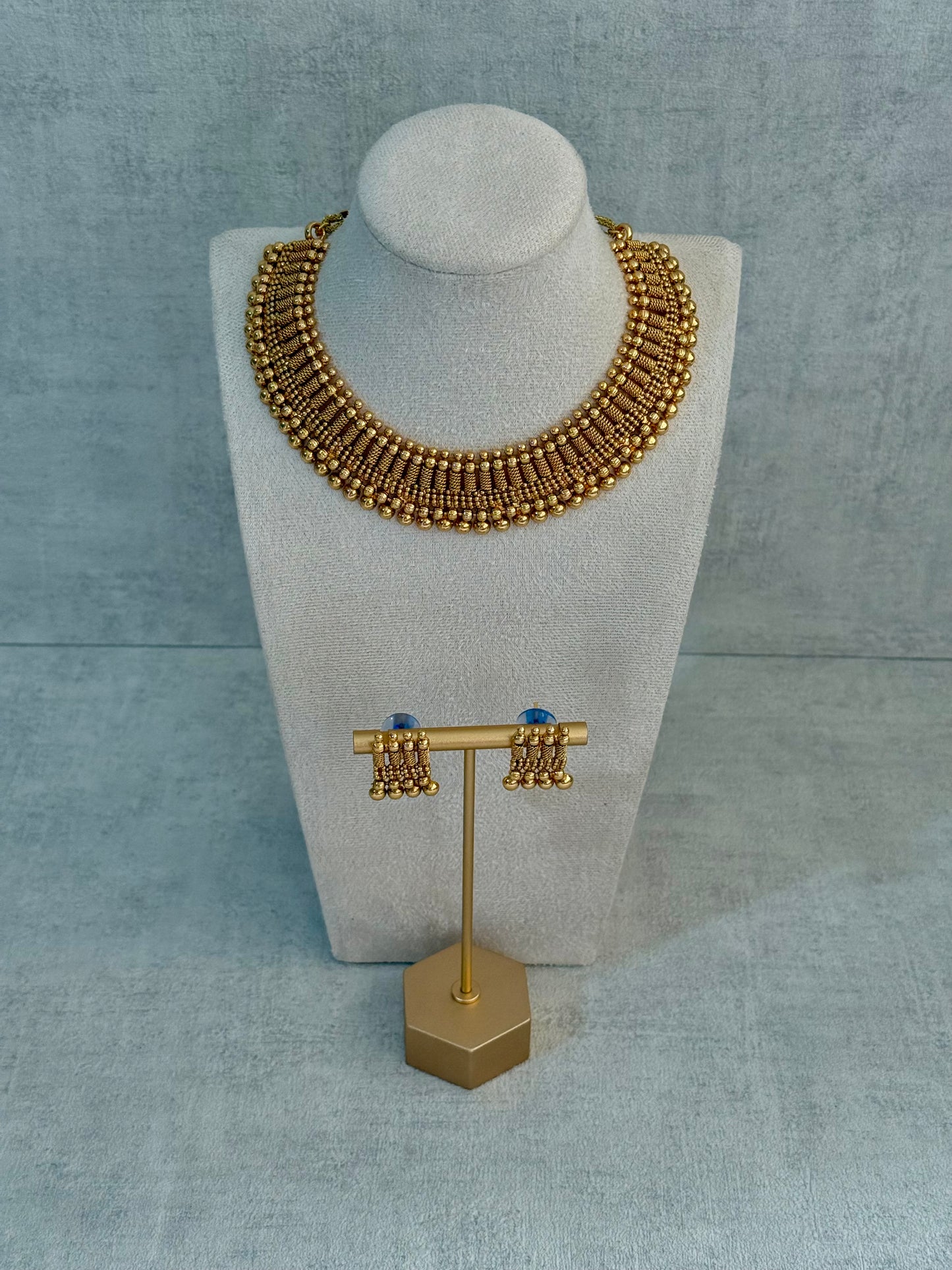 Ayura Designs Lavanya Set with Necklace & Earrings – Matte Antique Gold Beaded Design