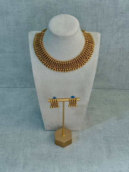 Ayura Designs Lavanya Set with Necklace & Earrings – Matte Antique Gold Beaded Design
