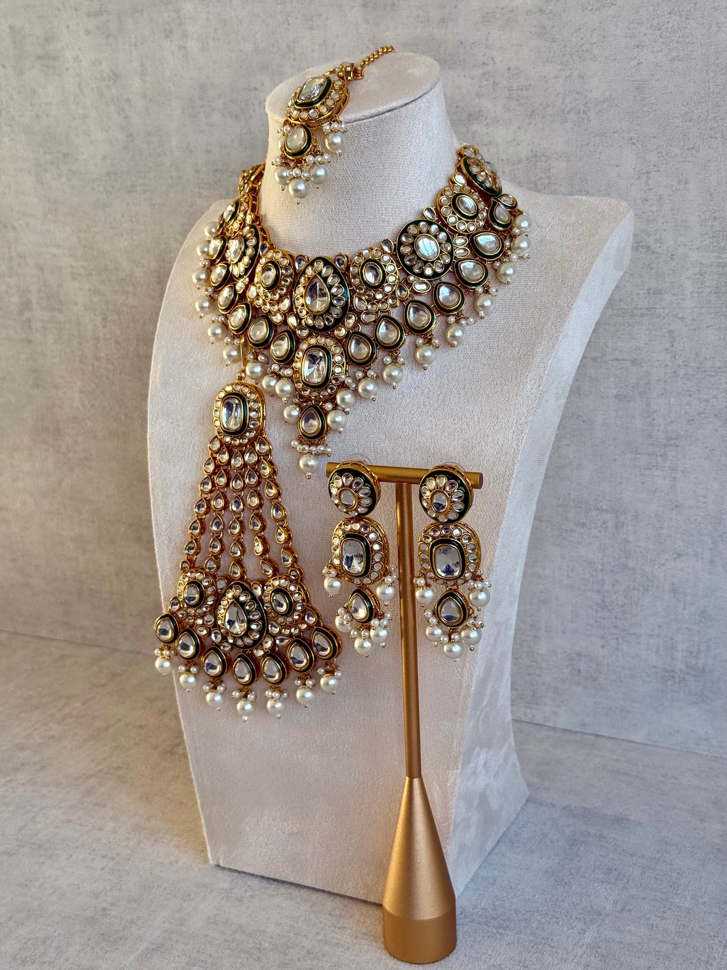 Ayura Designs Jashan Set with Necklace, Earrings, Tikka & Passa – Kundan Detailing, Ivory Pearl Drops