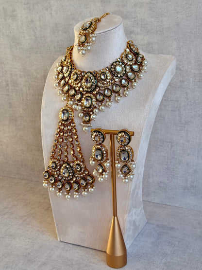 Ayura Designs Jashan Set with Necklace, Earrings, Tikka & Passa – Kundan Detailing, Ivory Pearl Drops