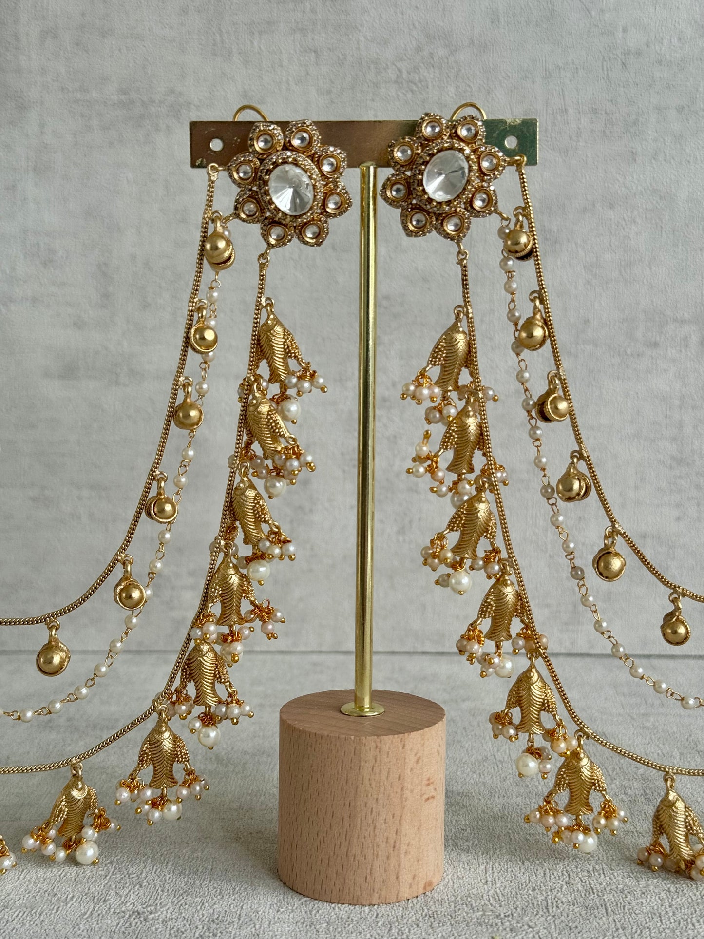 Ayura Designs Kohsar Earrings with Sahare – Mirror-Cut Studs, Fish Motifs & Pearl Detailing in Antique Gold