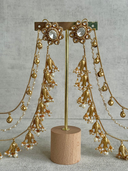 Ayura Designs Kohsar Earrings with Sahare – Mirror-Cut Studs, Fish Motifs & Pearl Detailing in Antique Gold