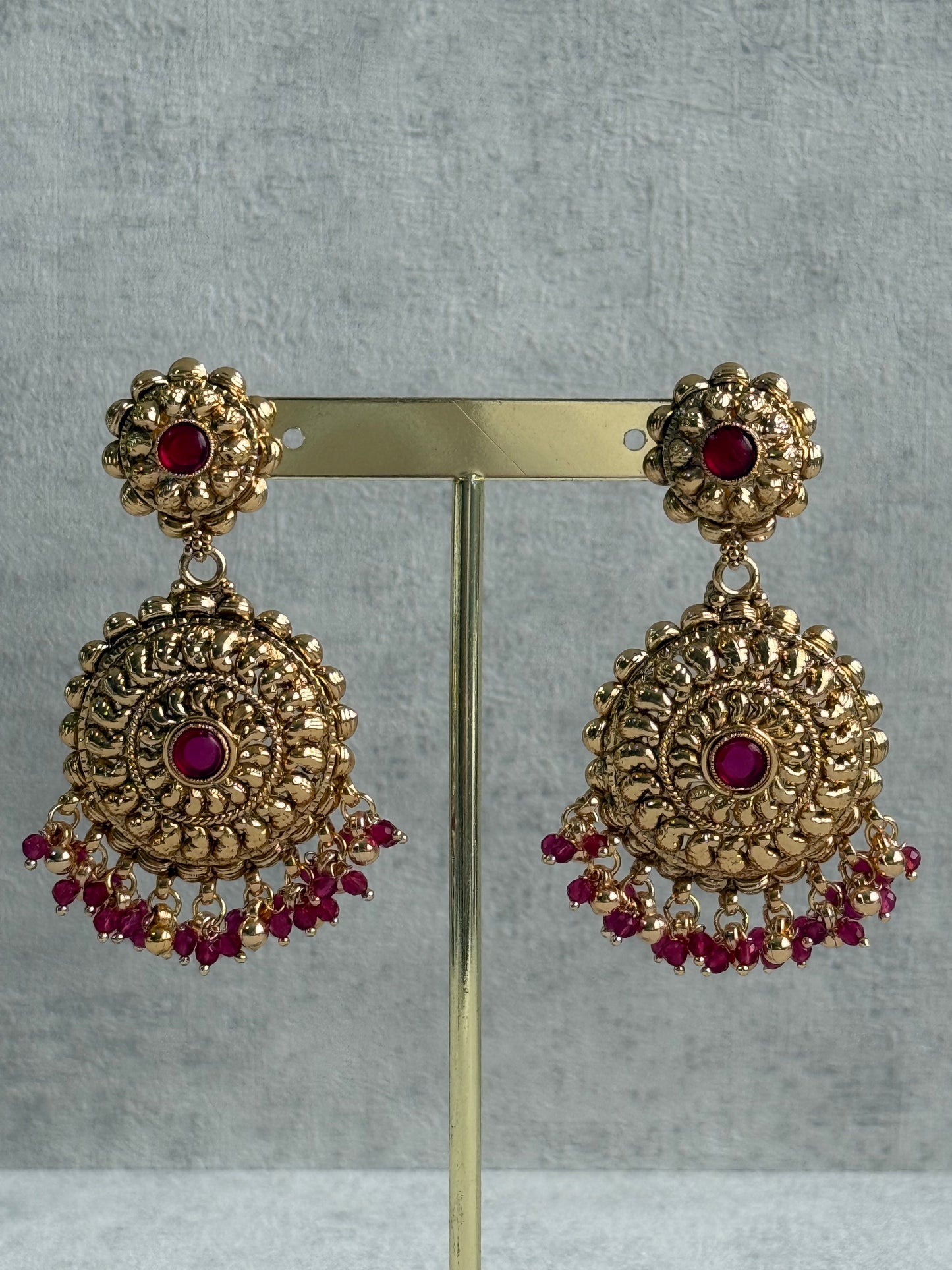 Ayura Designs Rummy Set – Statement Necklace, Earrings & Tikka with Rani Pink Beads and Polished Gold Finish