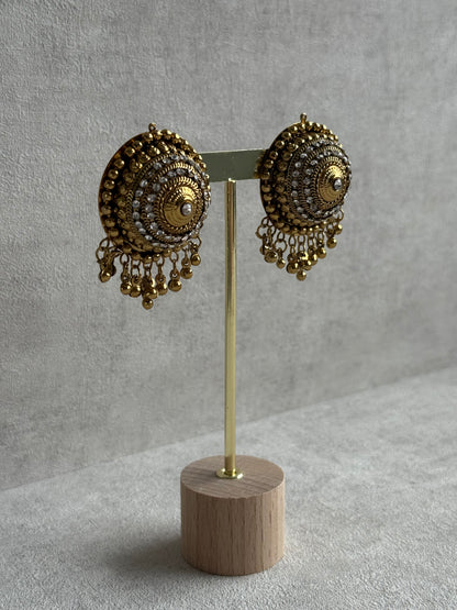 Ayura Designs Mitwa Earrings – Antique Gold Studs with Crystal Stones & Ghungroo Fringe