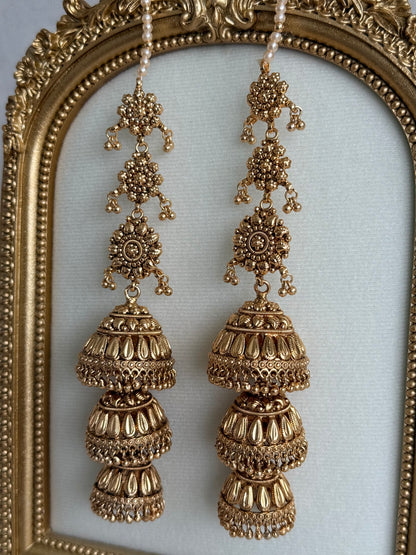 Ayura Designs Preet Sahare Jhumkis – Antique Gold Finish with Triple Dome Design