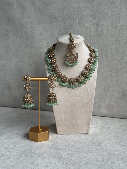 Ayura Designs Asima Set with Jhumkis & Tikka - Champagne Stones & Teal Beads