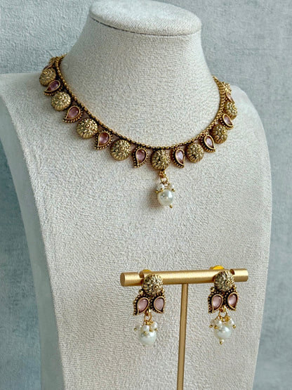 Ayura Designs Mayura Necklace Set with Earrings – Antique Gold Meenakari Motifs with Pearl Drop & Blush Pink Stones