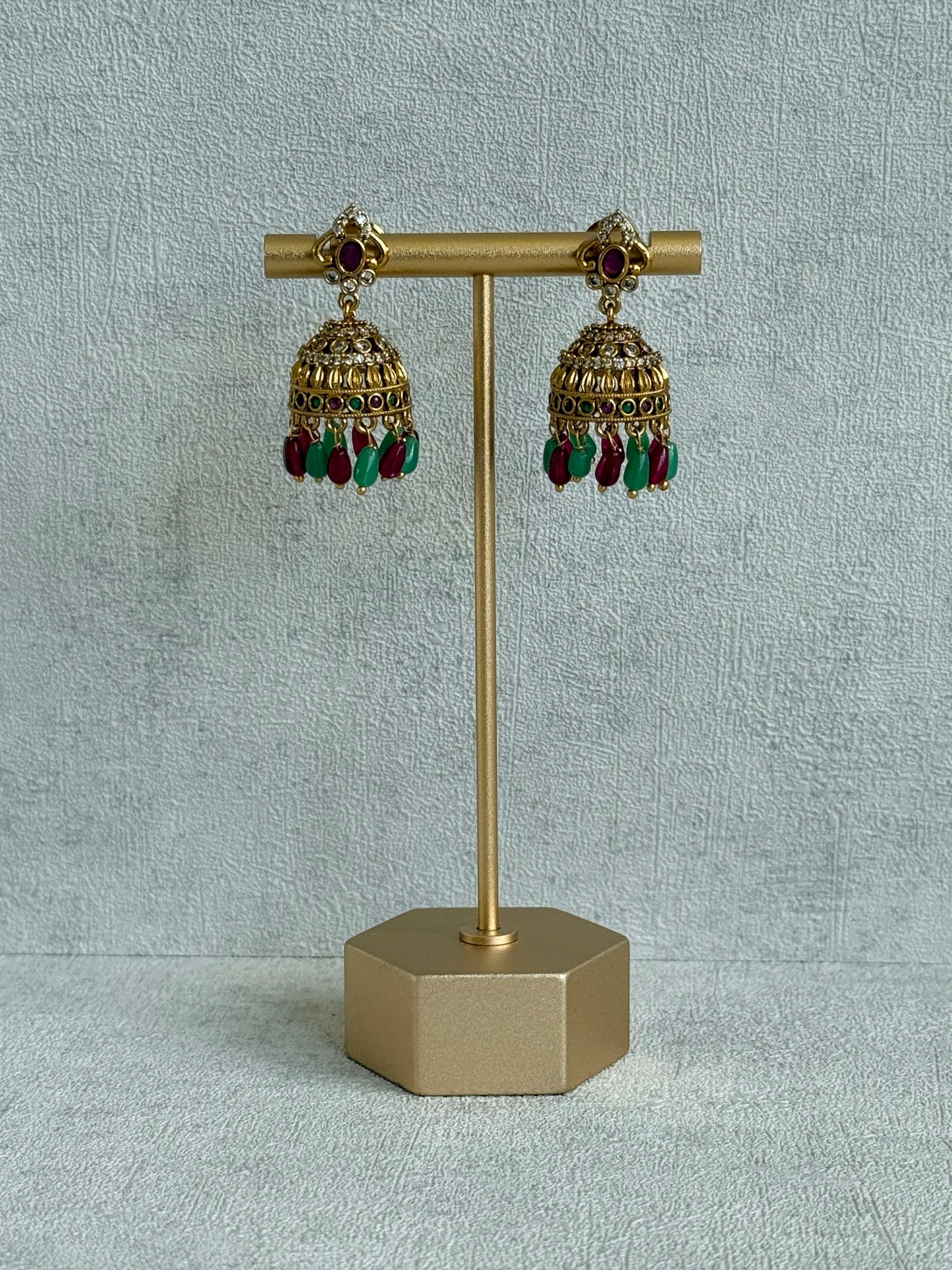 Ayura Designs Devi Jhumkis – Ruby Pink & Green Stones with Clear Stone Detailing & Gold Finish