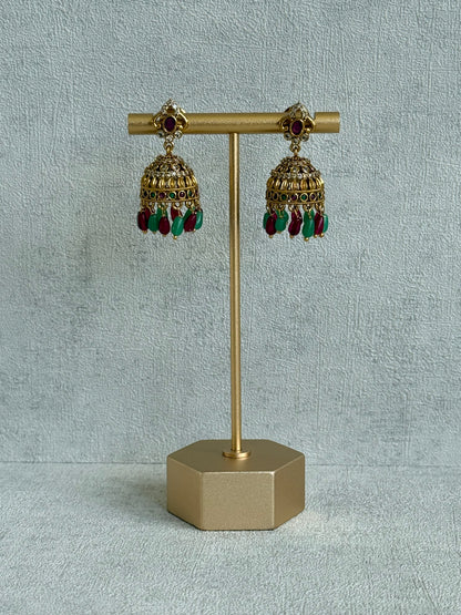 Ayura Designs Devi Jhumkis – Ruby Pink & Green Stones with Clear Stone Detailing & Gold Finish