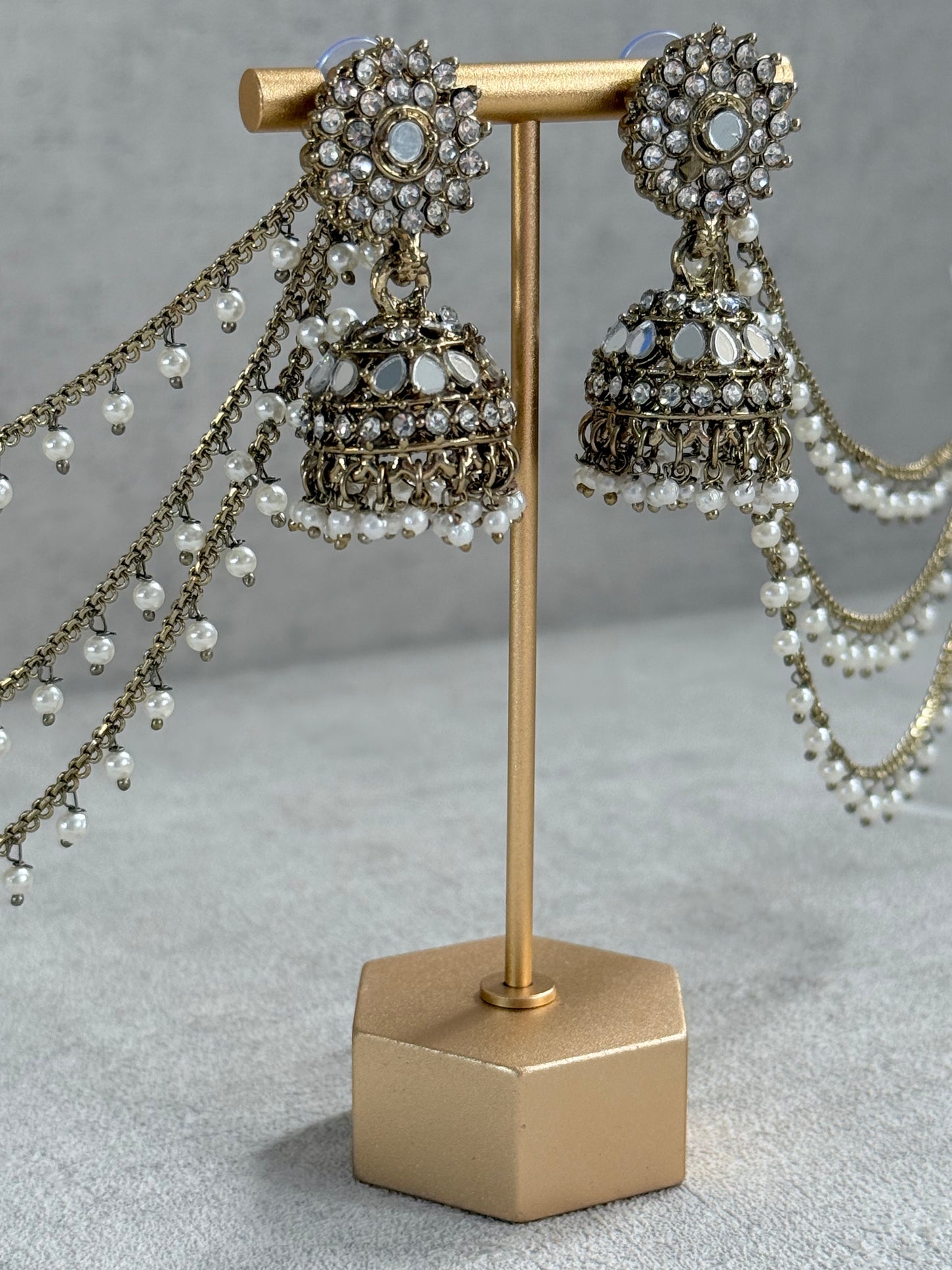 Ayura Designs Aks-e-Noor Jhumkis – Antique Gold Mirror & Crystal Earrings with Detachable Triple-Layer Pearl Sahare