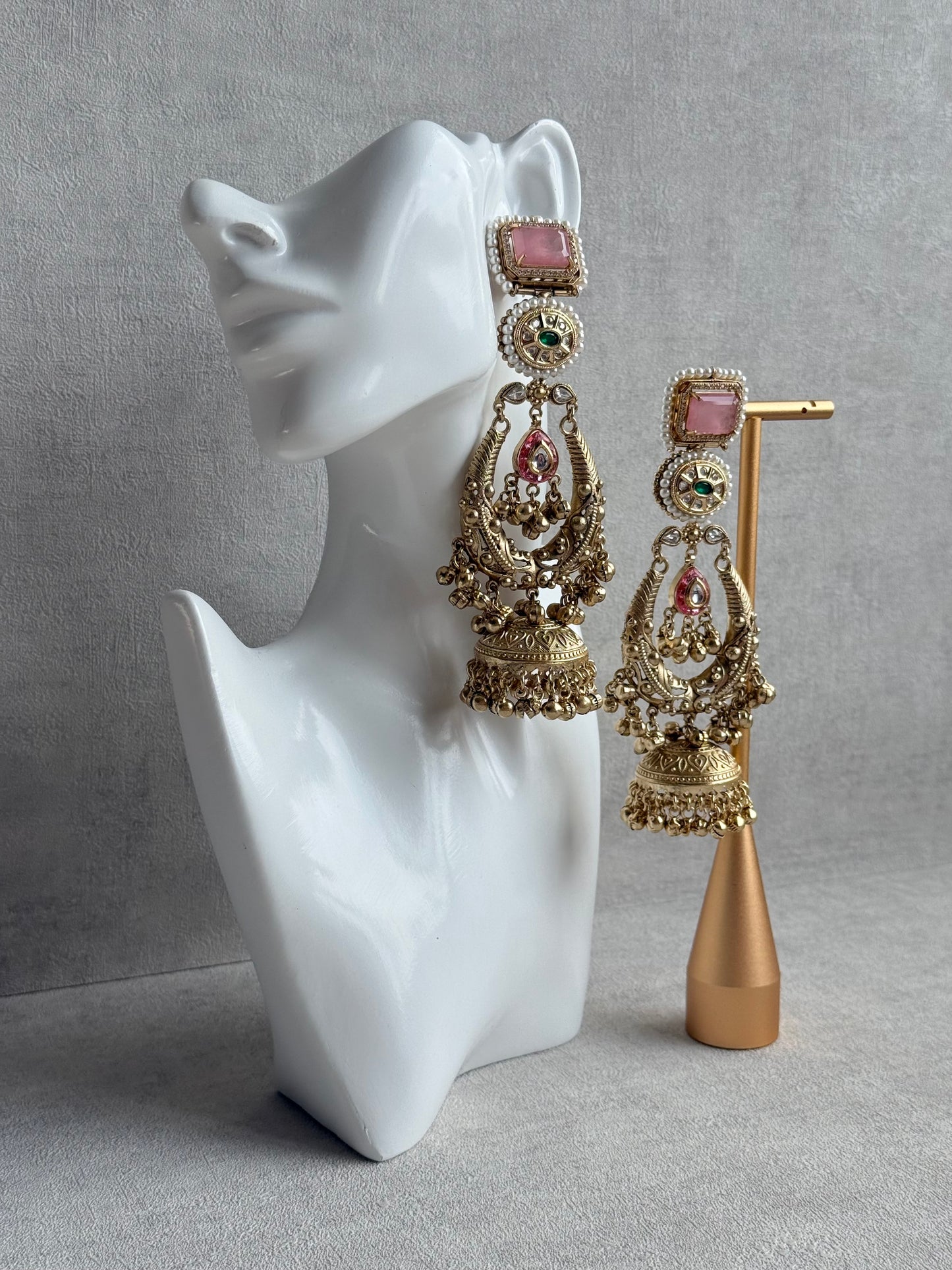 Ayura Designs Zirwa Earrings – Statement Jhumkis with Pink Stones, Green Accents & Pearl Borders & Ghungroos