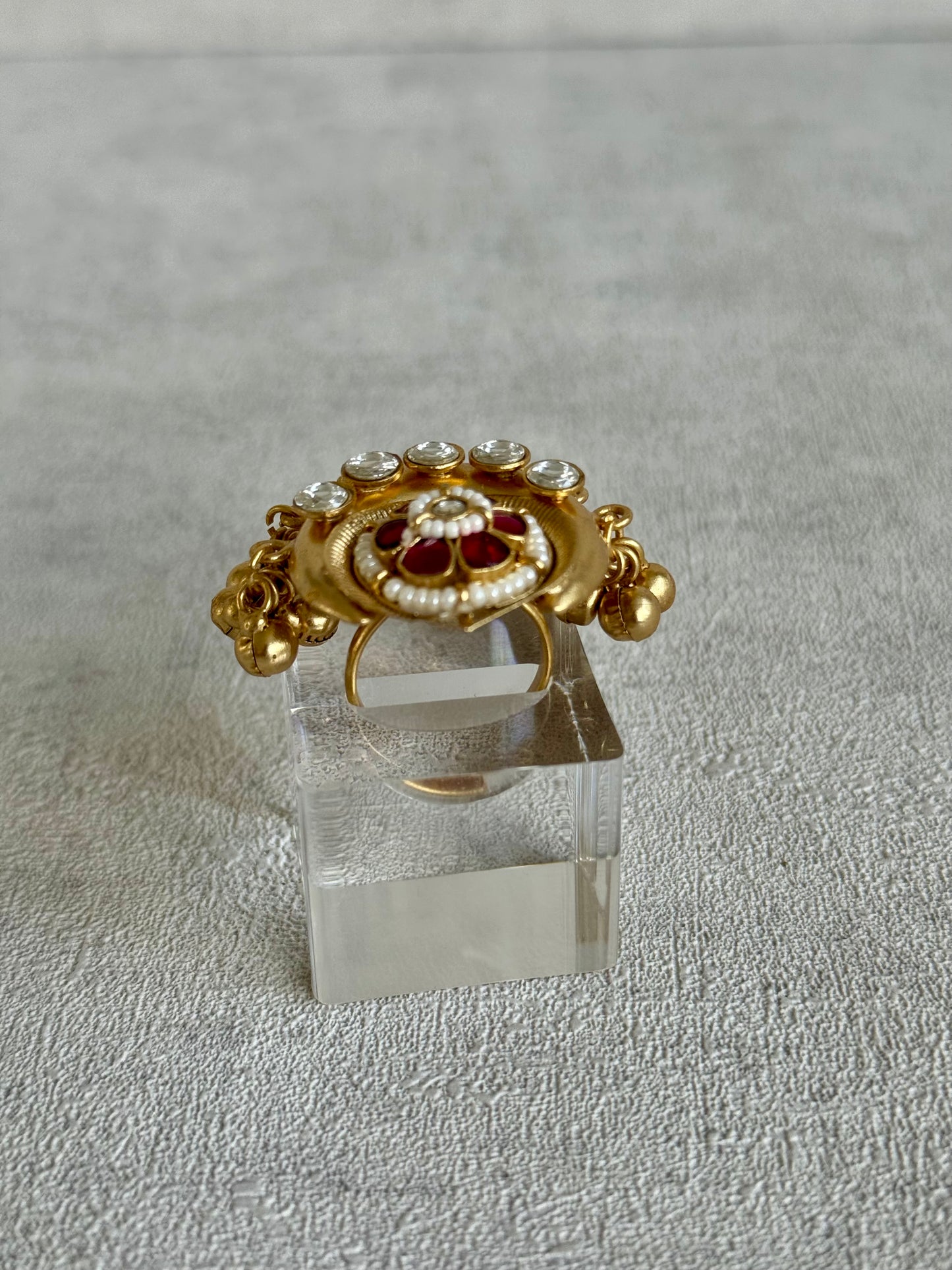 Ayura Designs Sochi Ring – Adjustable Antique Gold Ring with Hot Pink Meenakari, Mirror-Cut Stones & Ghungroo Detailing