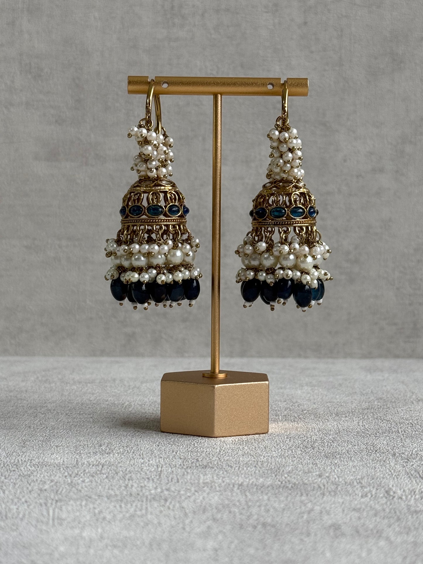 Ayura Designs Jugni Jhumkis – Antique Gold Balis with Ink Blue Beads & Pearl Clusters