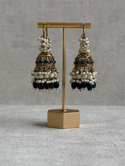 Ayura Designs Jugni Jhumkis – Antique Gold Balis with Ink Blue Beads & Pearl Clusters