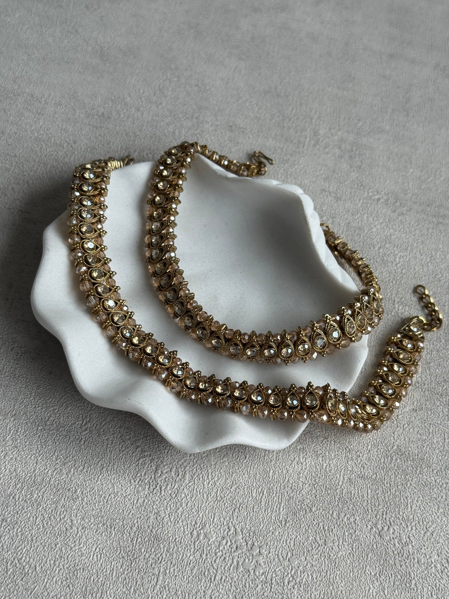 Ayura Designs Chandni Payals – Kundan Anklets with Champagne Crystals & Antique Gold Finish
